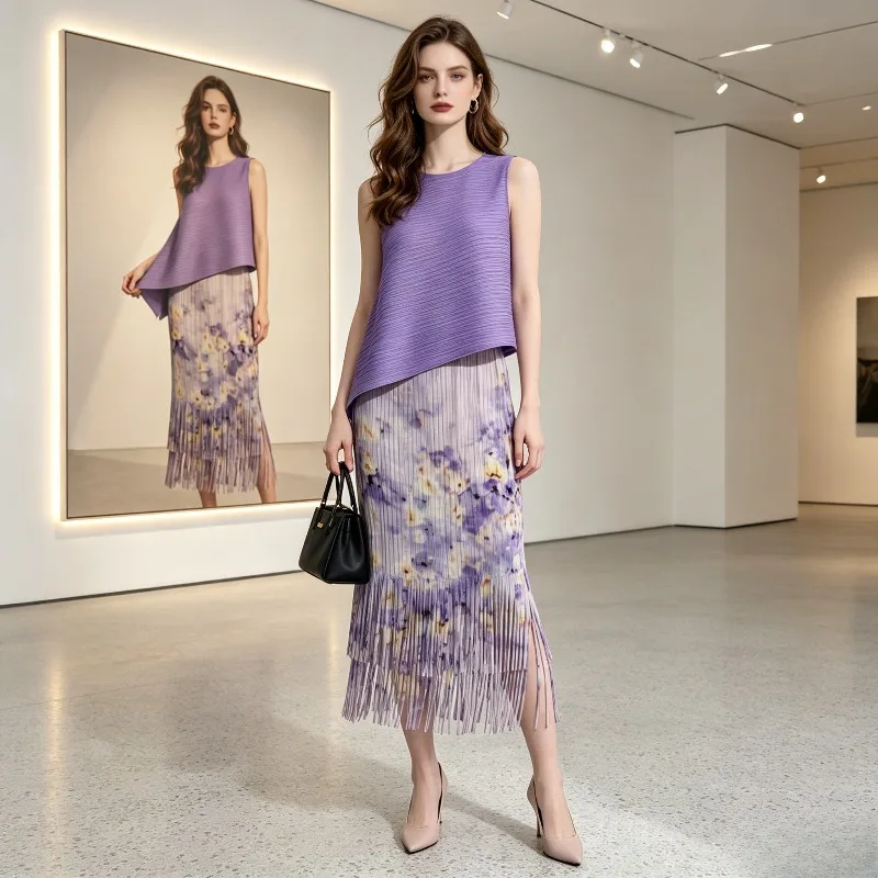Miyake Pleated 2026 Skirt for Women Summer Long Travel Fringed Floral Skirt High Waist Slimming Loose Straight Skirt Pleat