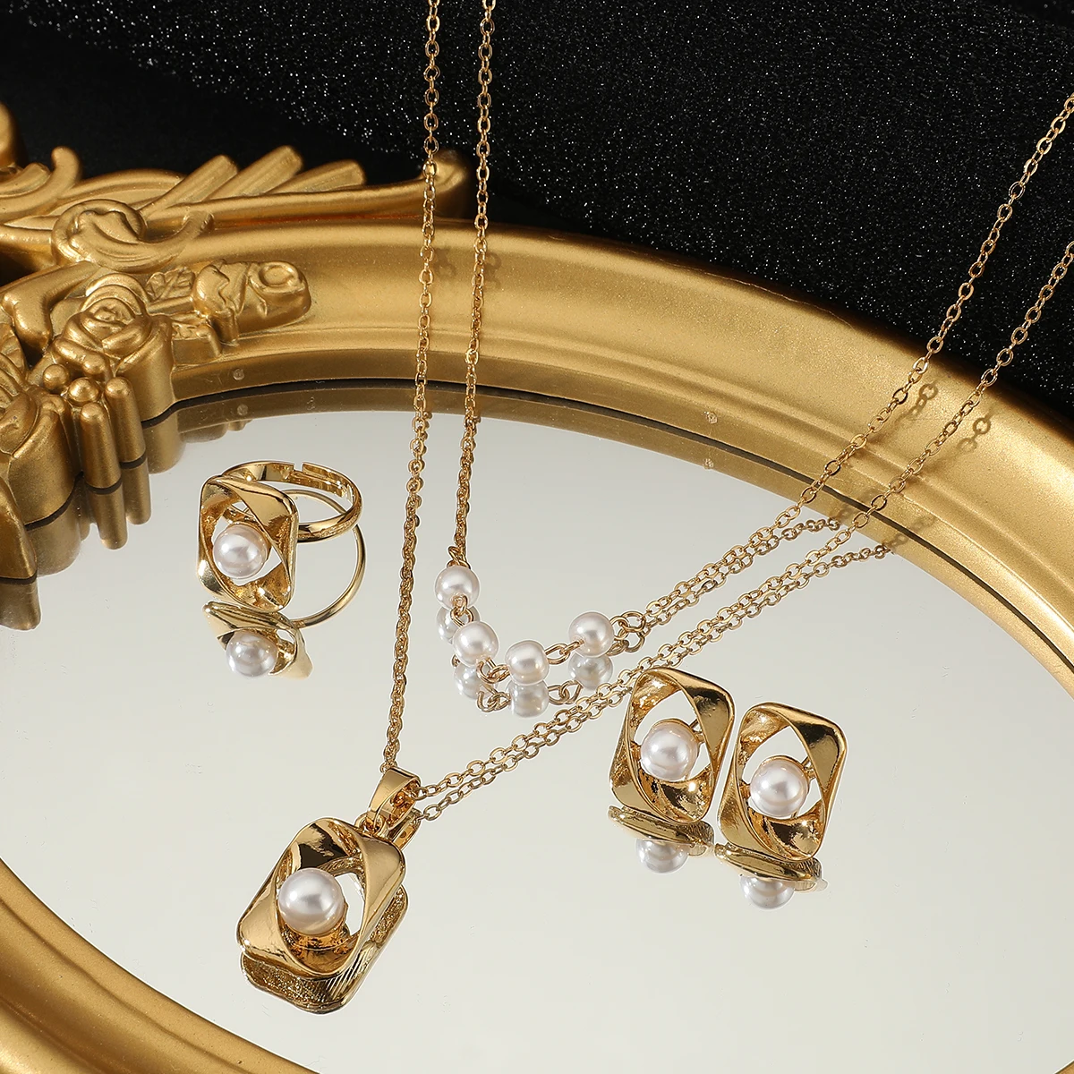 Exquisite Fashion Geometric Pearl Double Layer Chain  Necklace Earrings Ring 3 Piece Set Wedding Jewelry Set Birthday Gift