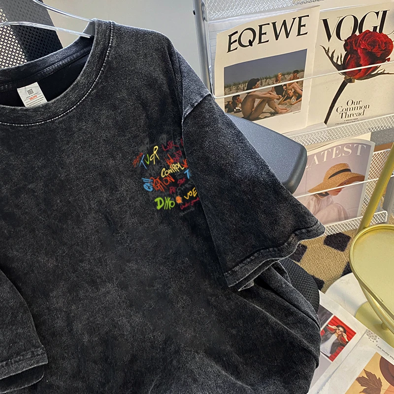 American Style Retro Colorful Letter Print Women T-shirt 2024 New Summer Trendy Wash-Black Top Harajuku Handsome Streetwear Tee