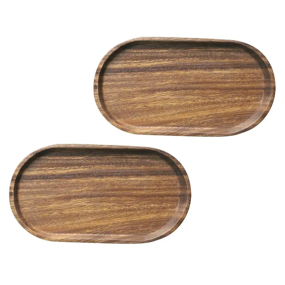 

2Pcs Solid Wood Tray Shallow Coffee Color Practical Versatile Food Tray Cake Fruit Snack Plate Wooden Pallet Home Decor