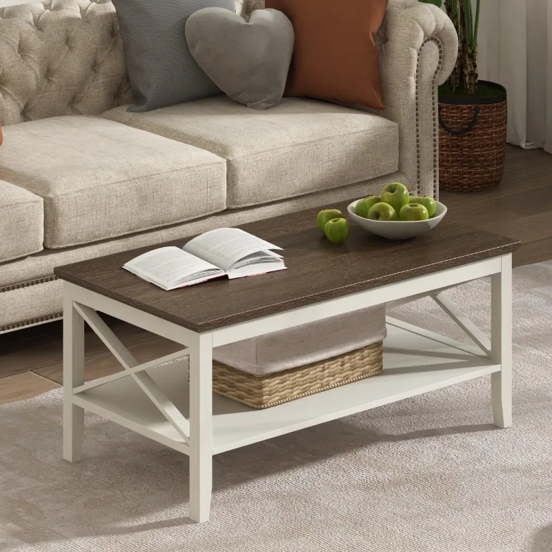 Farmhouse Coffee Table, Wooden Coffee Table with Thicker Legs, White Coffee Table with Storage for Living Room,40 Inches