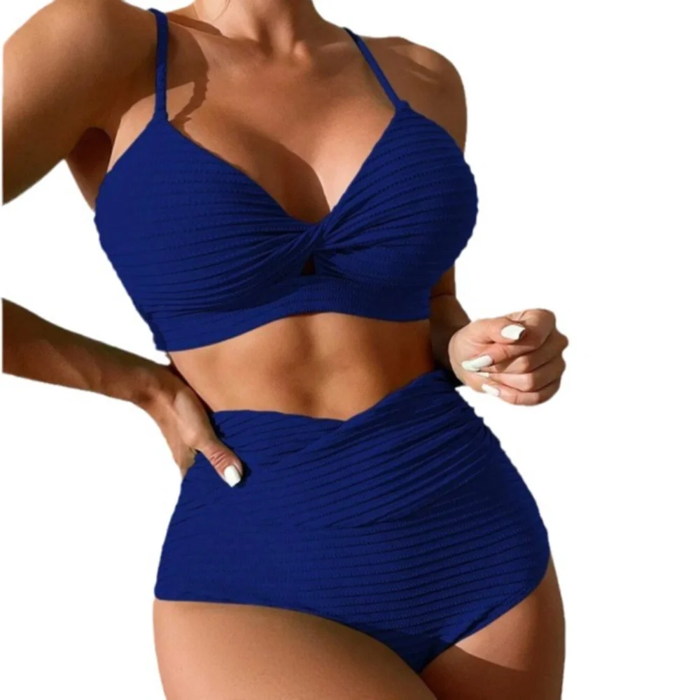 New Solid Color Split Swimsuit Gather Sexy High Waist Beach Women\'s Bikini