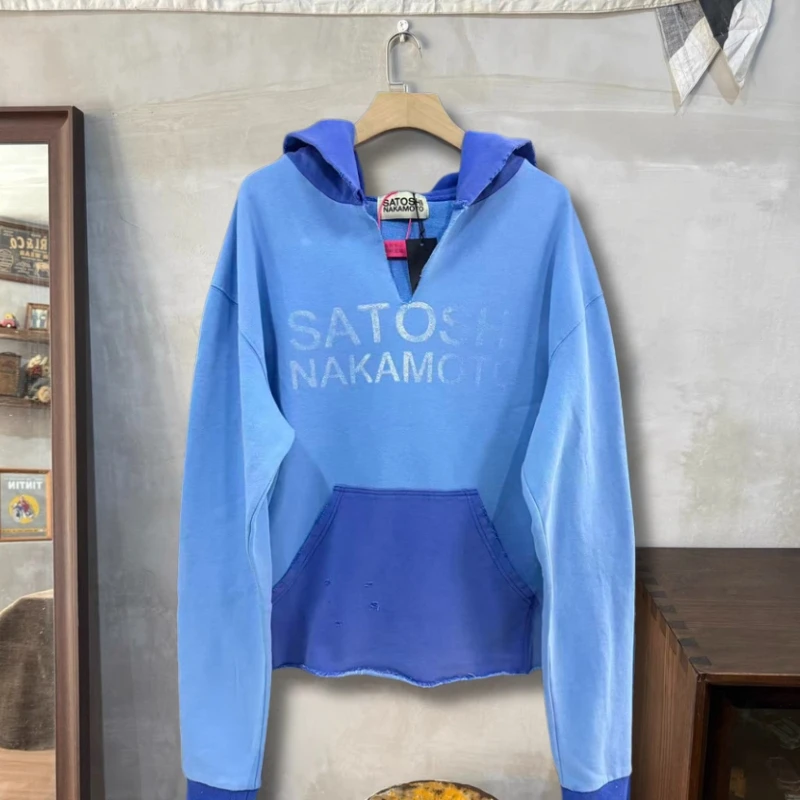 Extra Large Winter Color Blocking Blue SATOSHI Hoodie Cutting V-neck Fading Letter Loose Hood Sweatshirt Men Women Street Outfit