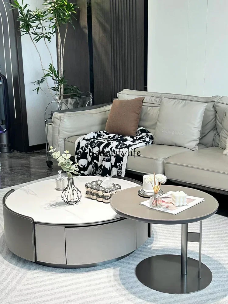 

lSaddle leather size round coffee table rock slab light luxury Italian minimalist