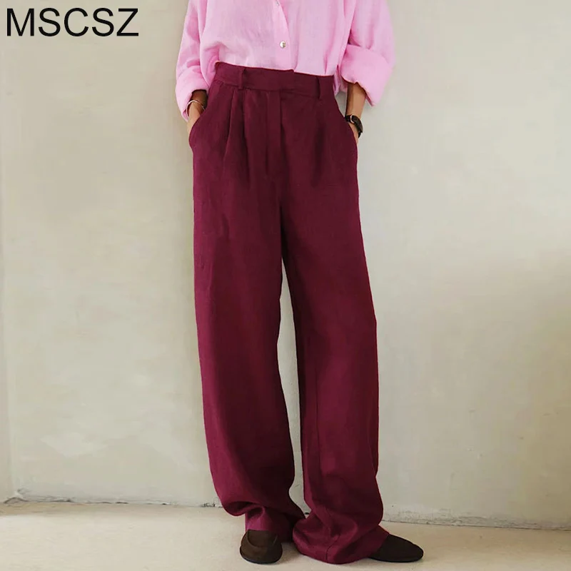 

MSCSZ Cotton Linen Summer Pants For Women High Waist Wide Pants Fashio Solid Color Casual Pants Autumn Spring Trousers