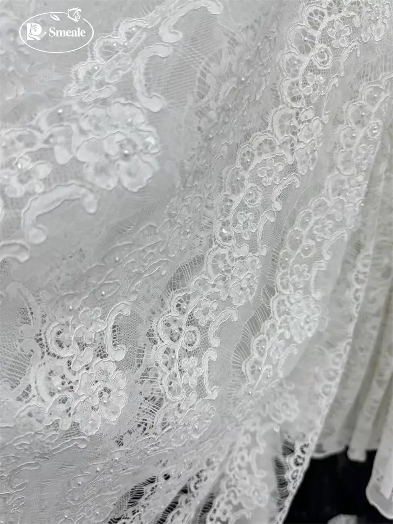 3 Yards Seilbestickter Perlenqualitäts-Weißer Perlenstickerei-Spitzenkopfschleier, Hochzeitskleid, Dekorative Accessoires, Handgemachtes DIY – Detail 6