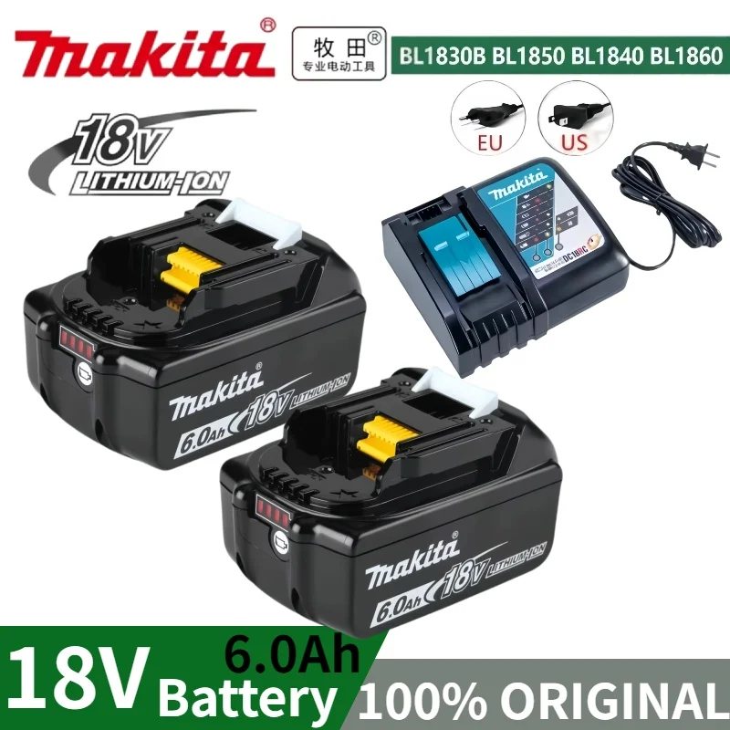 

100% оригинальная аккумуляторная батарея Makita 18 В, 6,0 Ач, аккумулятор 18650 BL1830 BL1850B BL1860B подходит для инструмента DTW700, с зарядным устройством