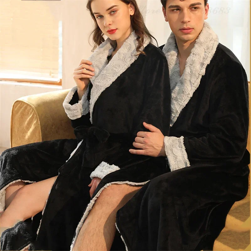 Couple Sleepwear Home Clothes Men's Coral Fleece Long Robe Thicken Flannel Lounge Wear Winter Loose Casual Bathrobe Nightwear