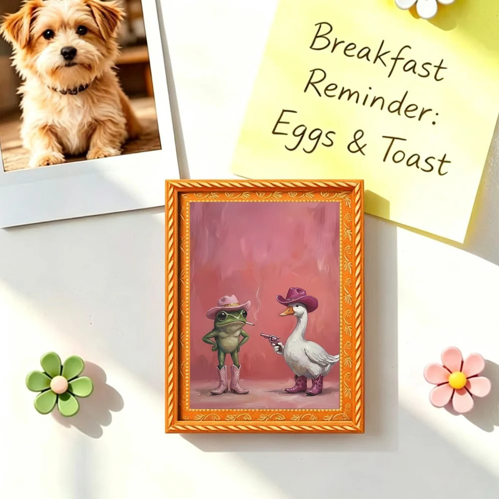 1 Piece of Quirky Cowboy Frog and Duck Western Duel Photo Frame Fridge Magnet, Vintage Oil Painting Fun Magnet, Mini Style Design, Suitable for Kitchen Fridge Door Decoration, Fun Gifts and Holiday Favors, Creative Magnets That Add Joy to Life