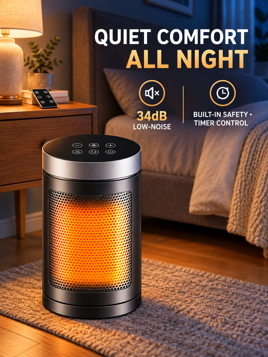 Blossom 1500W – ceramiczny grzejnik PTC z pilotem, 90 ° Przenośny, oscylujący grzejnik elektryczny, 15-35 ℃ Regulowany termostat, cichy grzejnik biurkowy o poziomie hałasu 34 dB, z zabezpieczeniem — 2