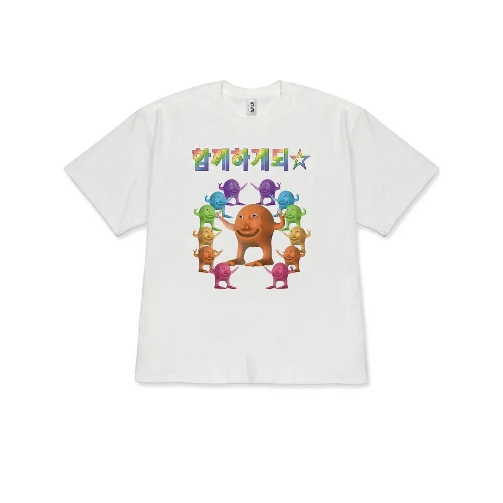 

2026 Spring/Summer New Shoulder T-Shirt Short Sleeve, Rainbow Korean Multi Color Personification Monster (Including Main Orange And Purple/Blue/Green/Yellow/Pink) Combination Illustration White Short Sleeve T-Shirt Korean Funny Cute Style Comfor