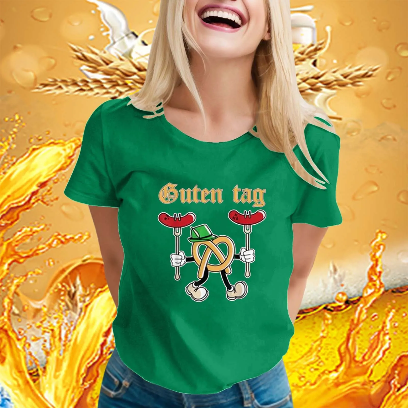 Bavarian Beer Fest Fun T-Shirt Women Sausage Printing Short Sleeve Round Neck Beer Festival Germany Oktoberfest New Casual Tops