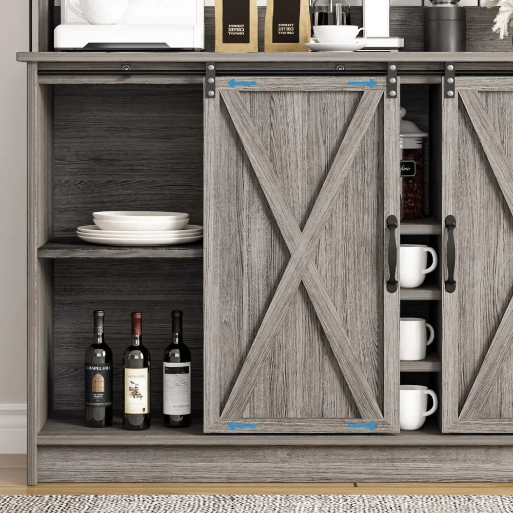 Farmhouse Style Coffee Bar Cabinet with Hutch, 6 Hooks, 47 Wine Storage Buffet Cabinet