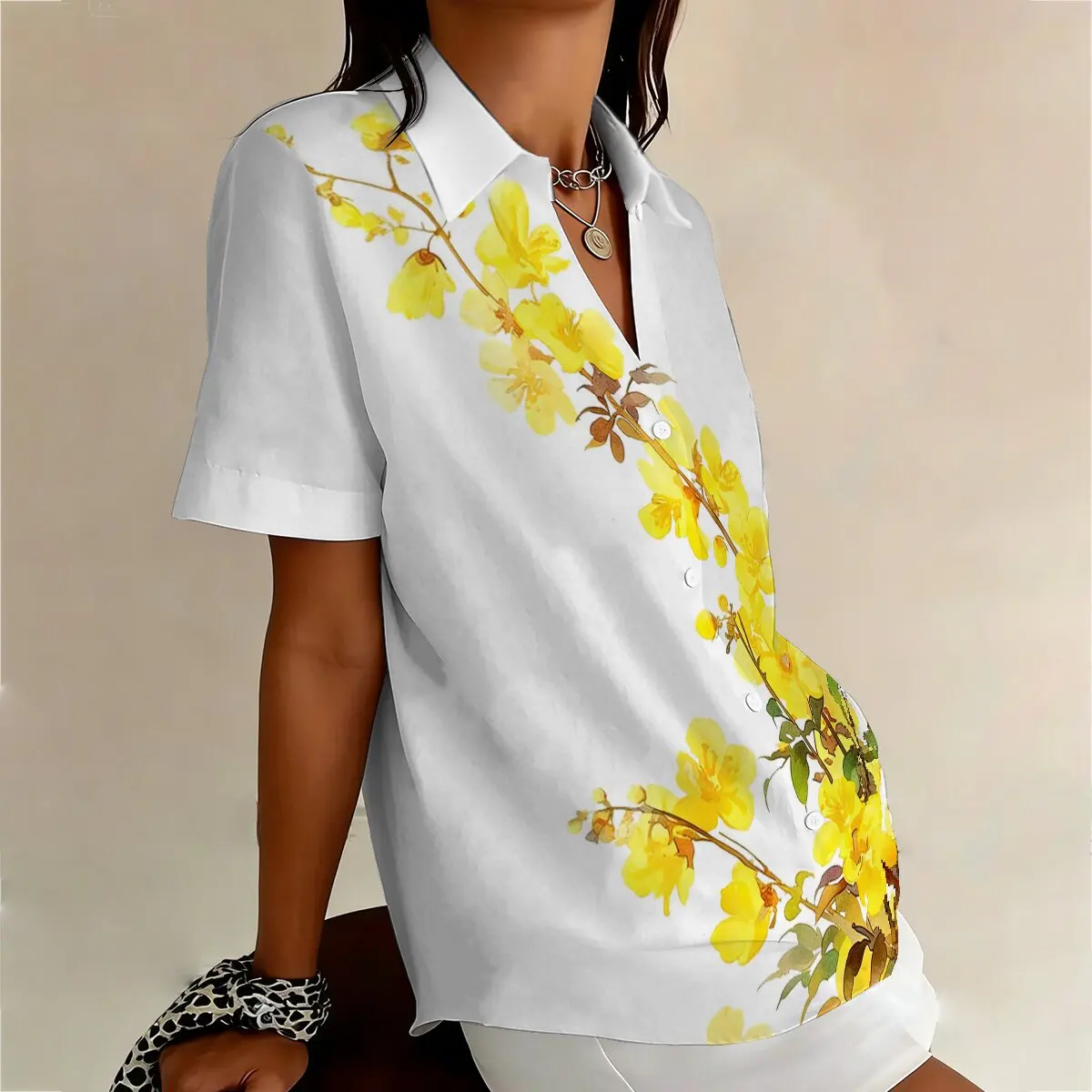 Summer plus-size women's short-sleeve shirt with bright yellow floral pattern,lively and age-reducing,suitablefor outdoor view 3