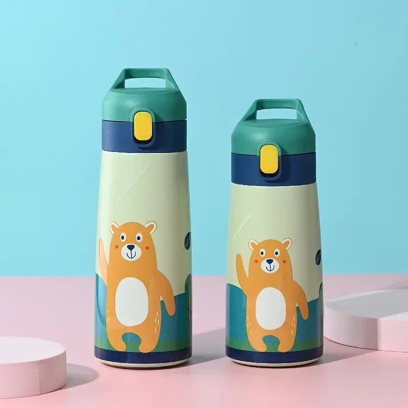 Tazza termica per bambini in paglia di acciaio inossidabile con custodia Thermos per bambini a prova di perdite per cartoni animati