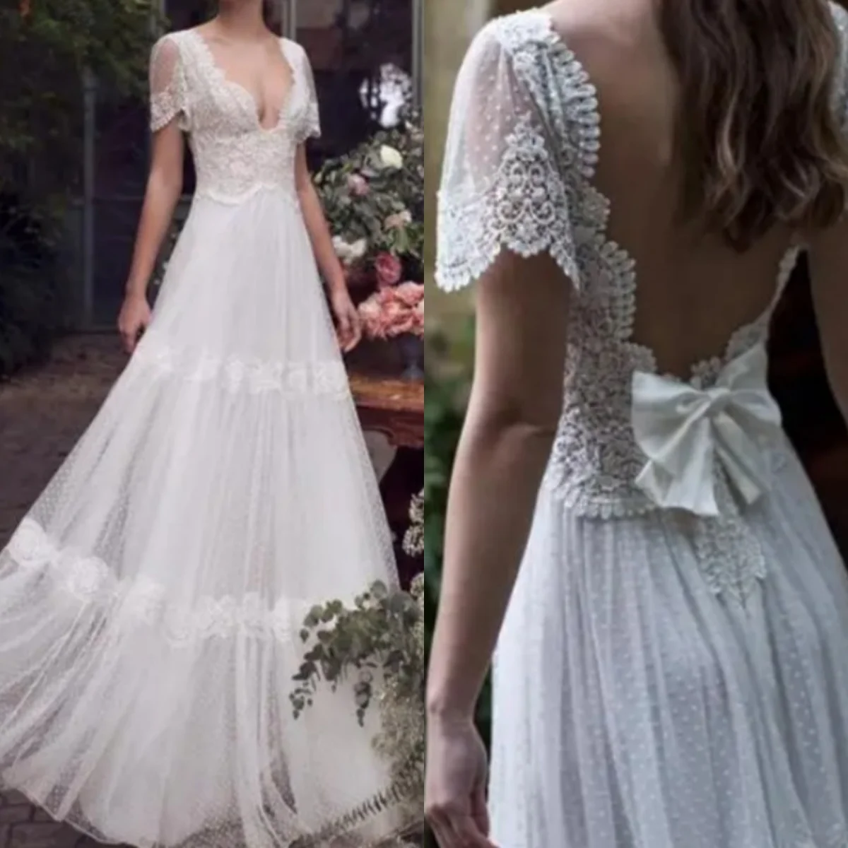 Elegant A Line Robe de mariée V Neck Short Sleeve Backless Wedding Dresses Bow Draped Ruched Lace Sweep Train Bridal Dress