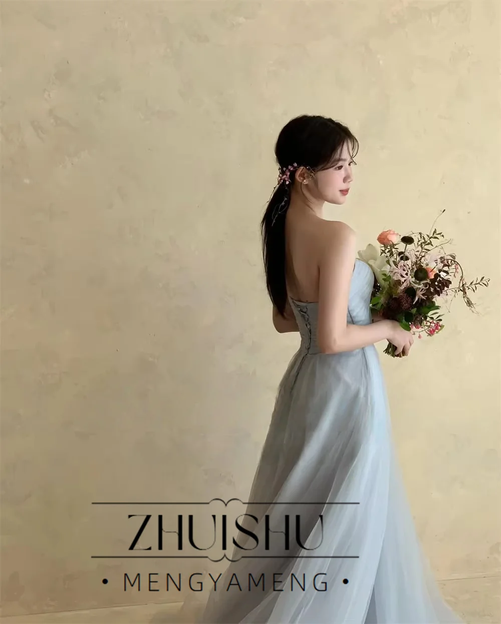 Sweetheart Dusty Blue Korea Evening Dresses Pleat Soft Tulle Photos Shoot Dress Customized Corset Long Bride Party Gown