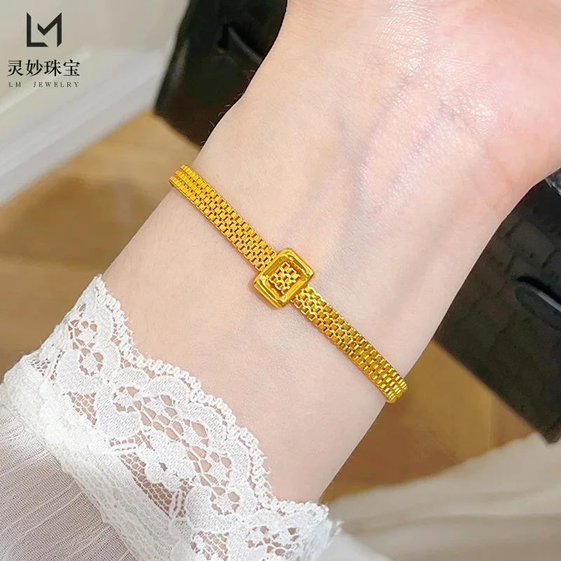 

Luxury 24K 9999 Pure Gold real gold Women's Shiny Square Buckle Strap Bracelet Wide Woven Bracelet