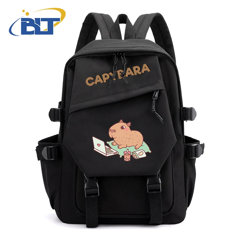 Cute Animal Capybara Printed Student Backpack Black Girls Backpack Primary and Secondary School Students Gift