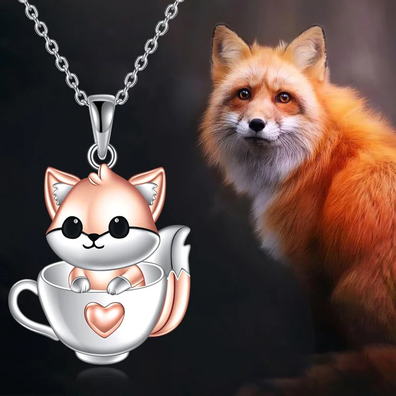 Collar con colgante de zorro en la taza, colgante de Animal de amor, regalo de Navidad, Día de San Valentín, regalo de cumpleaños, collar para mujer, 1 pieza