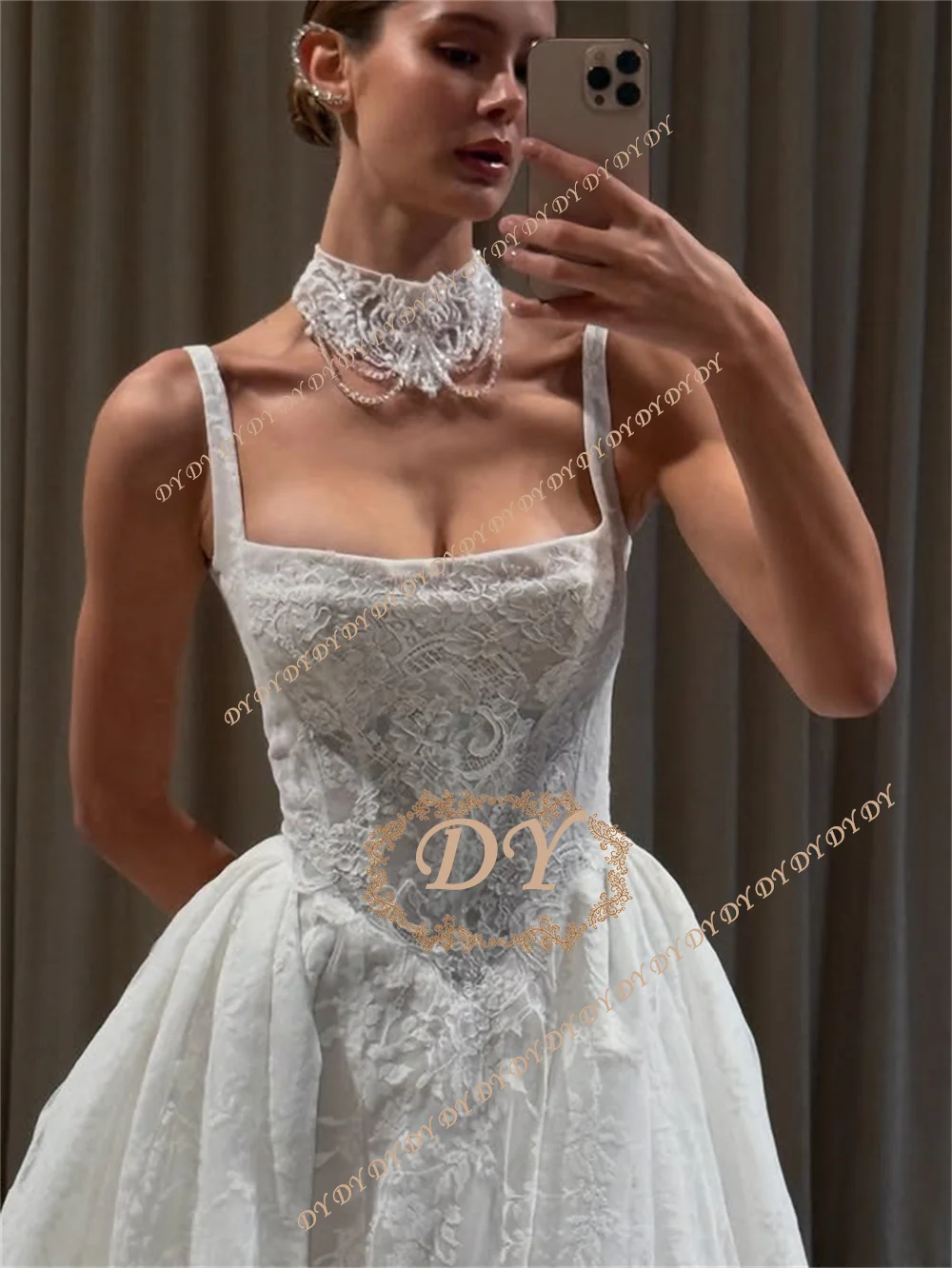 DY Elegant Spaghetti Strap Weddings Dresses Lace Vestidos Novia Bohemio Strapless Long Train Bridal Gown Customized