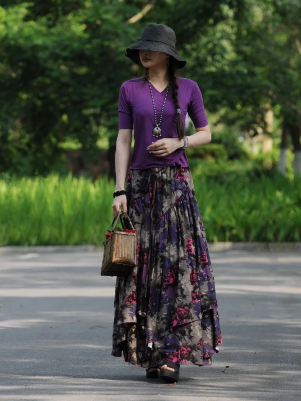 TIYIHAILEY Flower Print Skirts Long Maxi A-line Elastic Waist Women Summer Cotton S-2XL 2025 New Purple Big Hem Ladies Clothing