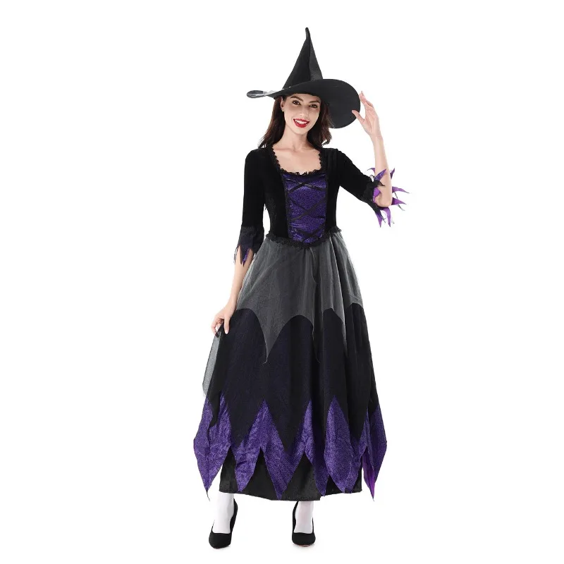 2025 nuevo disfraz de Halloween para mujer, disfraz de bruja de malla púrpura para adulto, conjunto de vestido de manga larga para actuación de fiesta de carnaval