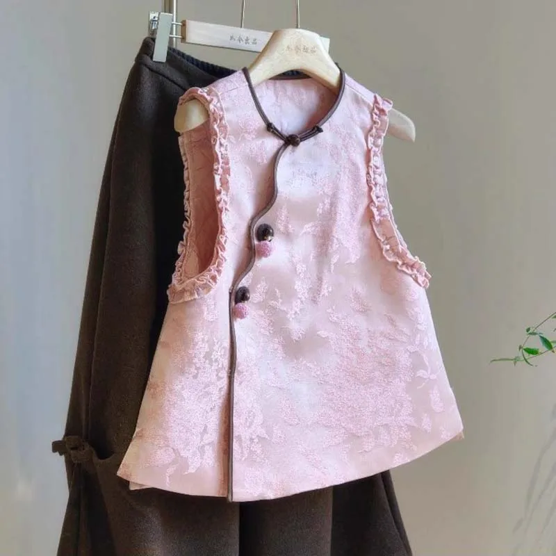 Women's Vest New Fashion Spring and Autumn Loose Cardigan Jacquard Pink Vest Coat with Cotton Outside Wearing Wild Pink Coat