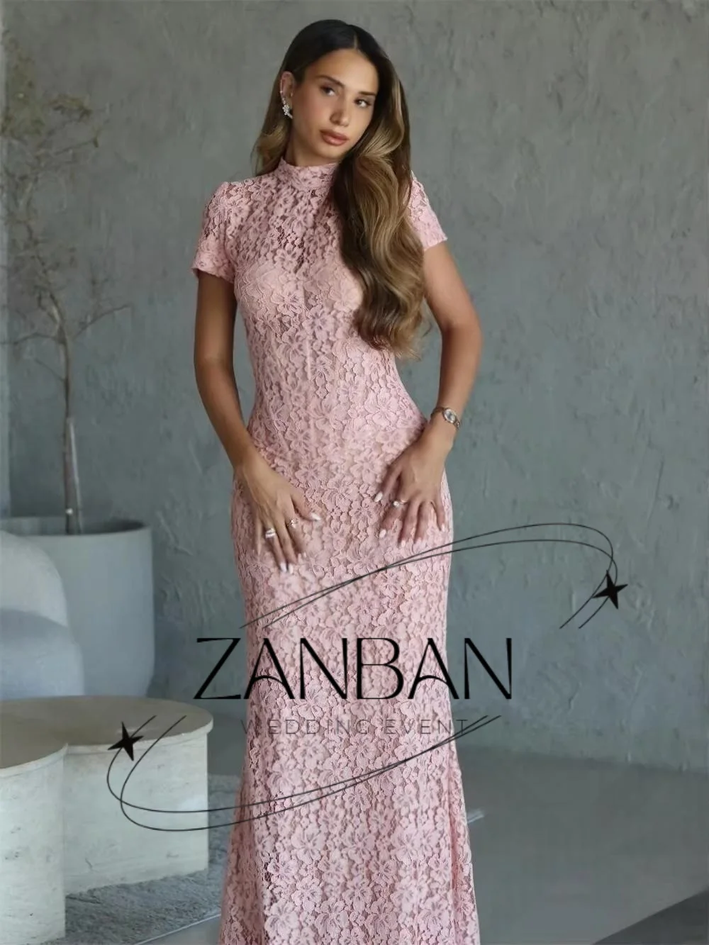ZanBan Pink Evening Dresses Floral Lace High Neck Mermaid Dress Woman Elegant Party Wedding Short Sleeves Prom Gowns Customiz