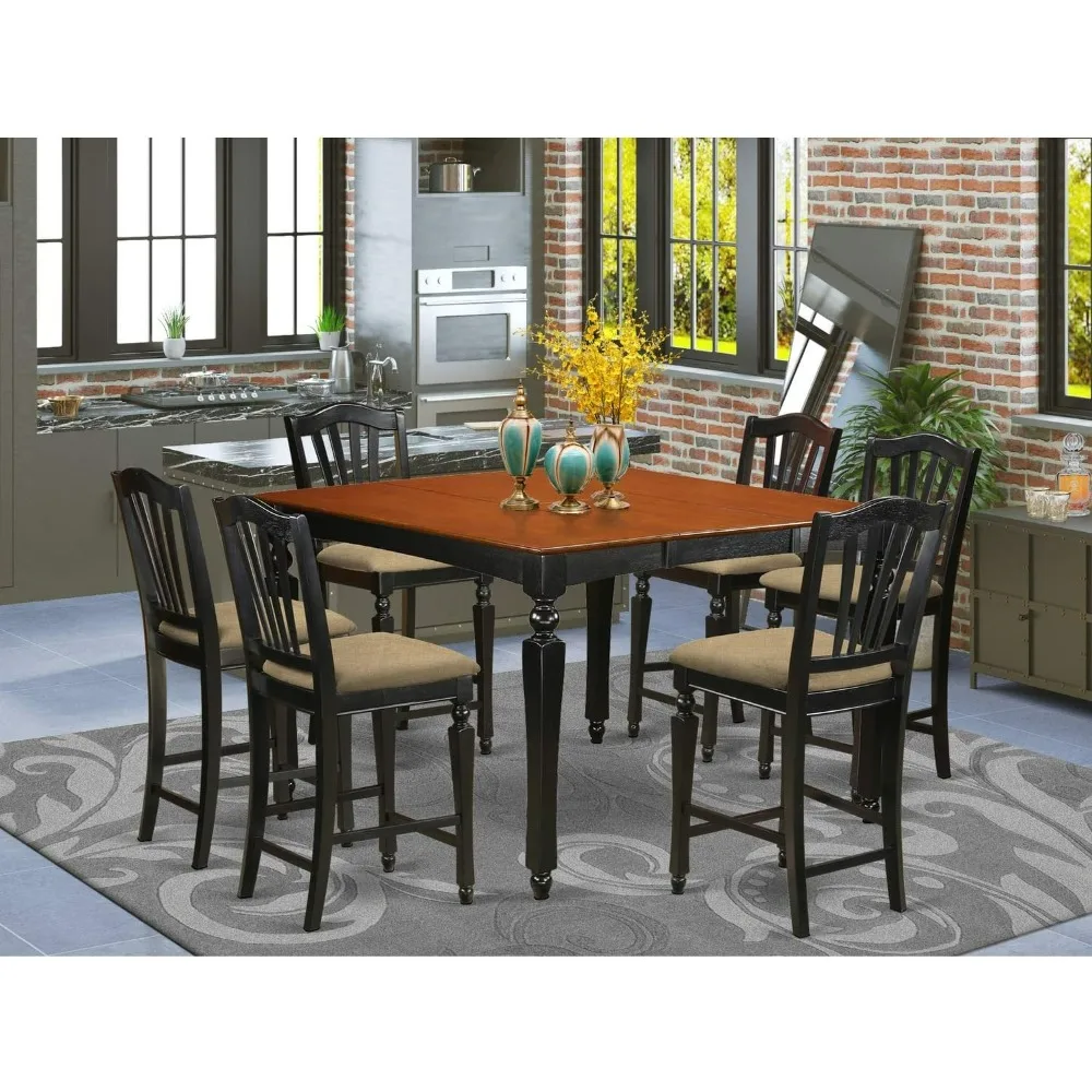 7 Piece Counter Height Dining Set,Square Table with Butterfly Leaf and 6 Linen Fabric Upholstered Chairs,dinings table set