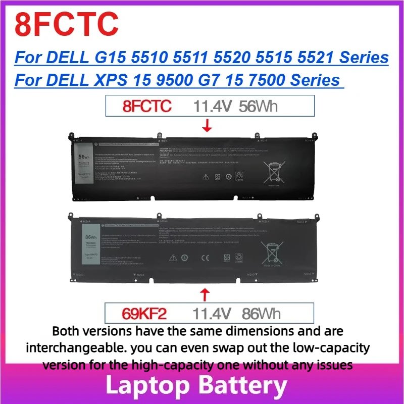

11.4V 56WH 8FCTC Battery For DELL G15 5510 5511 5520 5515 5521 Series For DELL XPS 15 9500 G7 15 7500 Series 56Wh