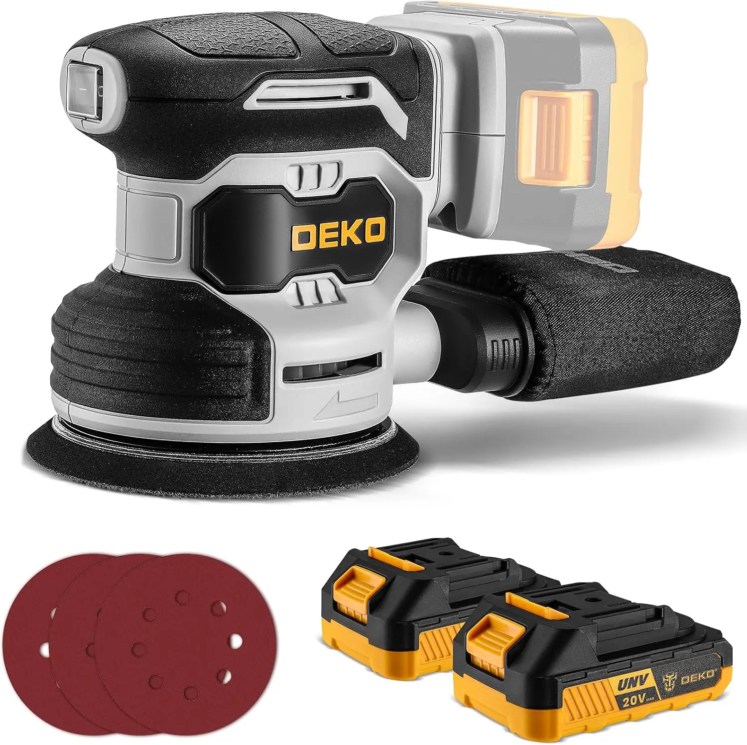 Cordless Orbital Sander: 20V Random Orbit Sander, 5inch Power Palm Sander Electric Sanders Tool with 2 Batteries, Charger