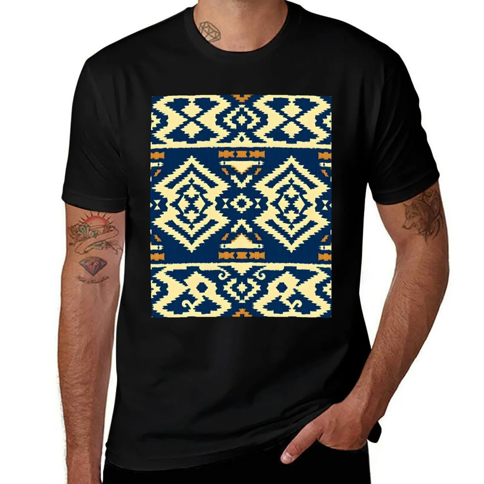 

Elegant Bedouin Sadu textile in indigo and tan, seamless pattern. T-Shirt vintage clothes tops mens fashion