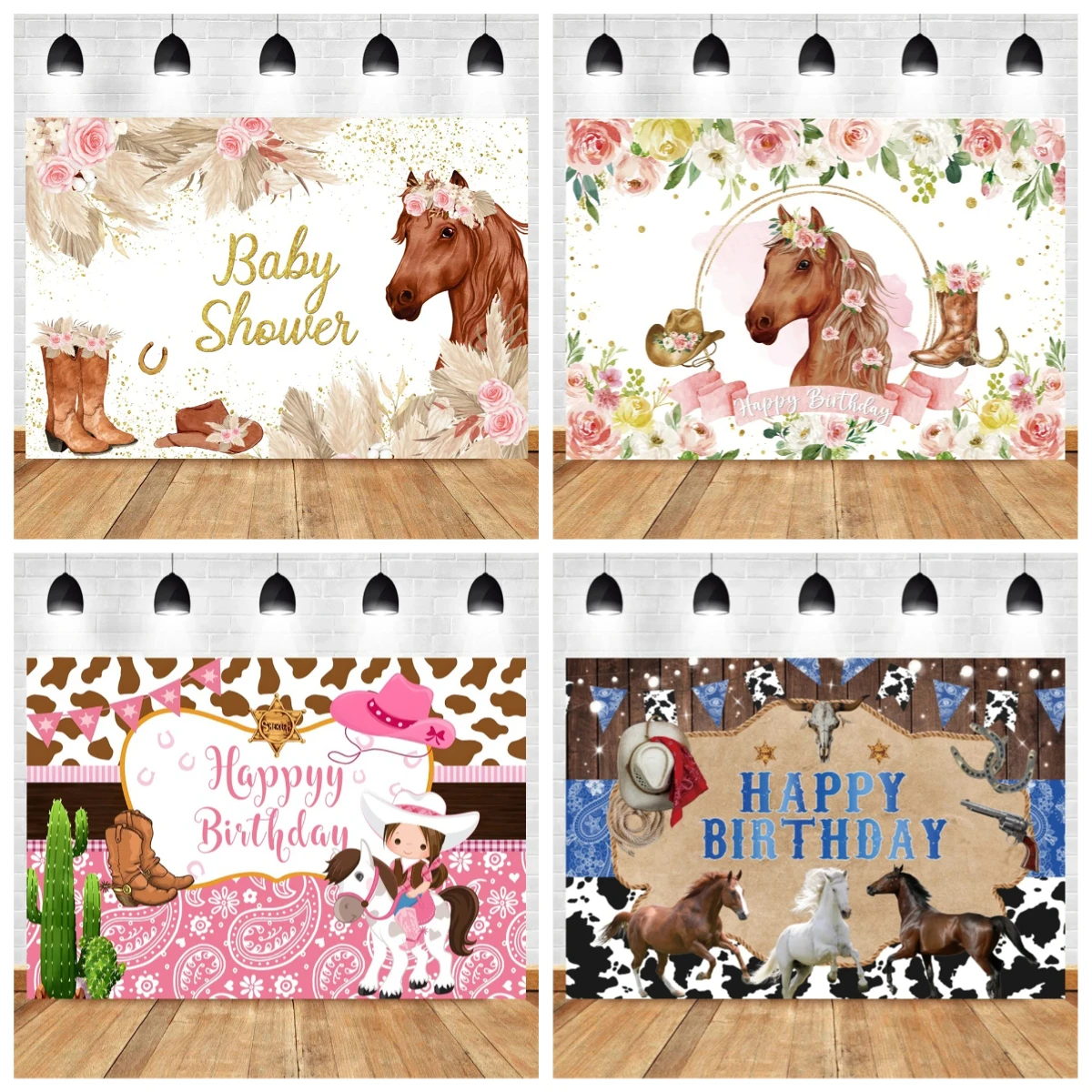 Horse Birthday Background Western Farm Watercolor Flowers Cowboy Girl Baby Shower Portrait Photography Background