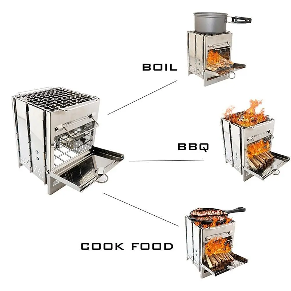 Camping Houtkachel Met Grill Inklapbare Backpacking Survival Raket Kachel Rvs Kampvuur Kachel