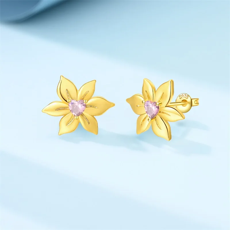 

New 925 Sterling Silver Gold Flower Gemstone Earrings Sparkling CZ Zircon For Women Adorable Birthday Party Cute Jewelry Gifts