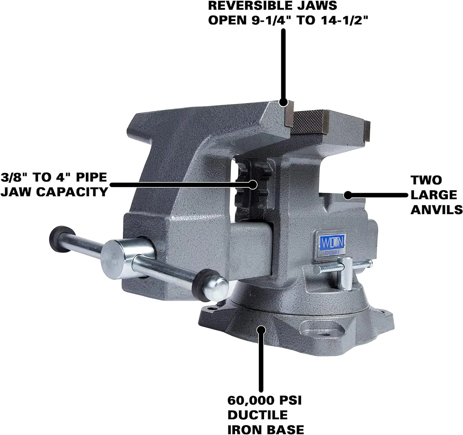 Wilton Vise bangku reversibel, lebar rahang 8 "9-1/4" & 14-1/2 "pembuka rahang, 3/4" tenggorokan (Model 4800R)