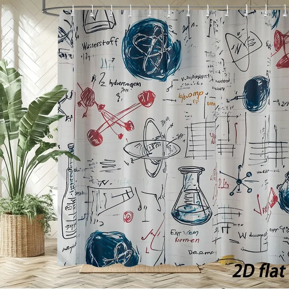 Science Lab Shower Curtain  Physics Chemistry Sketch Design Beaker Atom Formula Polyester Bathroom Decor