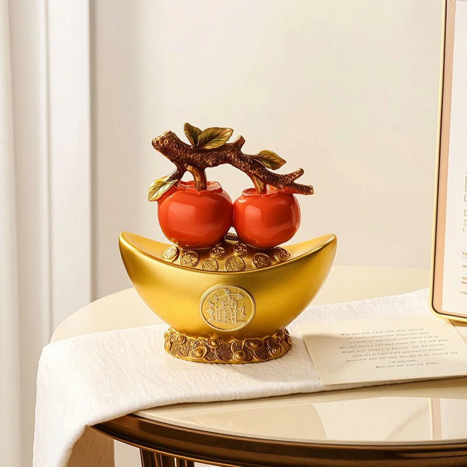 Gold Ingot Bowl with Persimmons Feng Shui Ingot Bowl Statue Fortune Ornament Auspicious Tabletop Decoration Prosperity