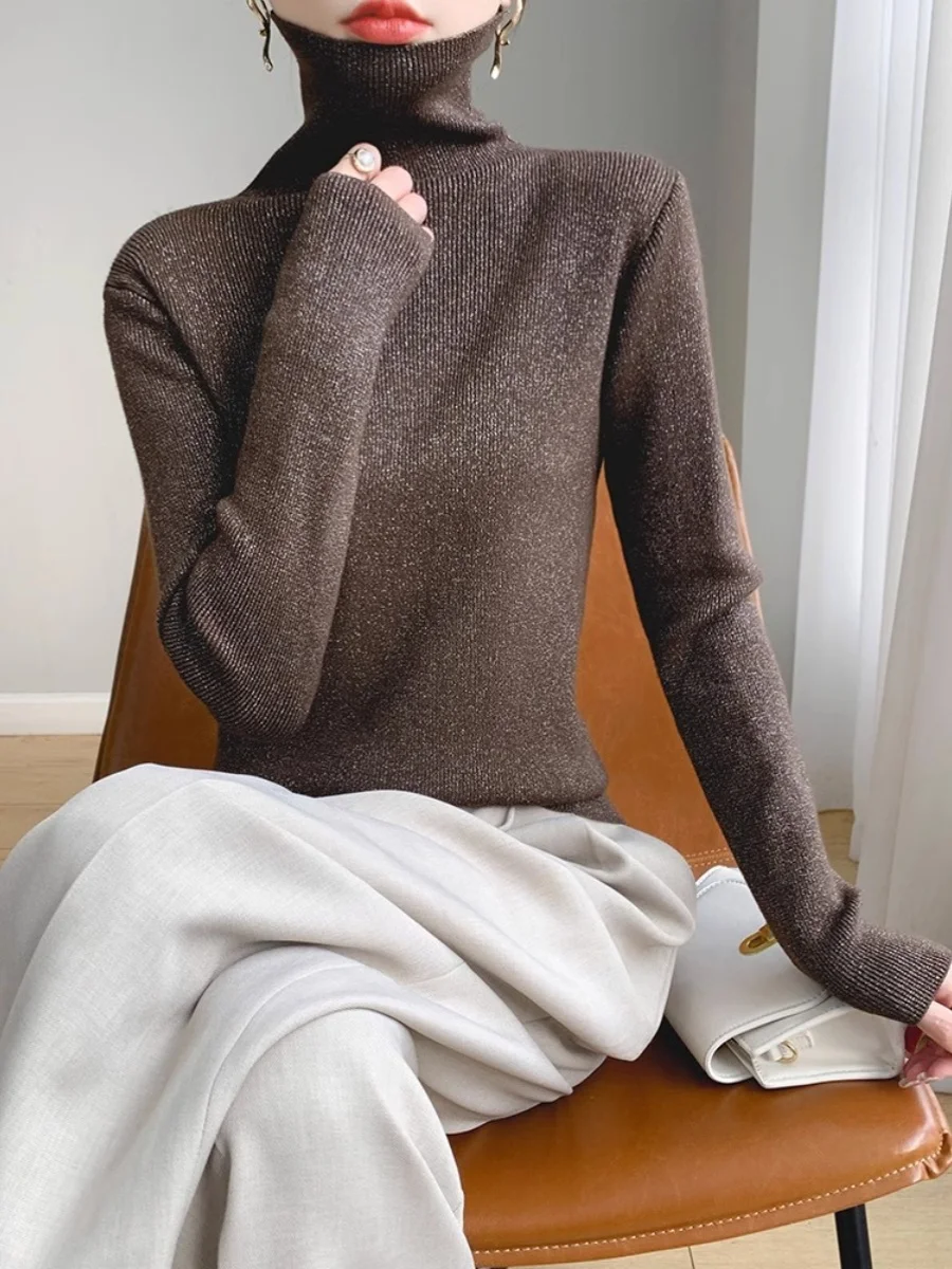 

2026 Роскошный женский свитер из шерсти с золотыми и серебряными нитями, модный топ с высоким воротником, оптовая продажа