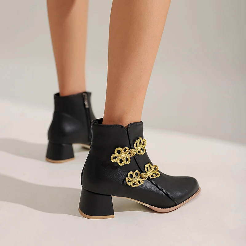 Mid-heeled short boots for women 2024 spring & fall new black round-toe single boots oversized Chinese knot size 52 size 13 14