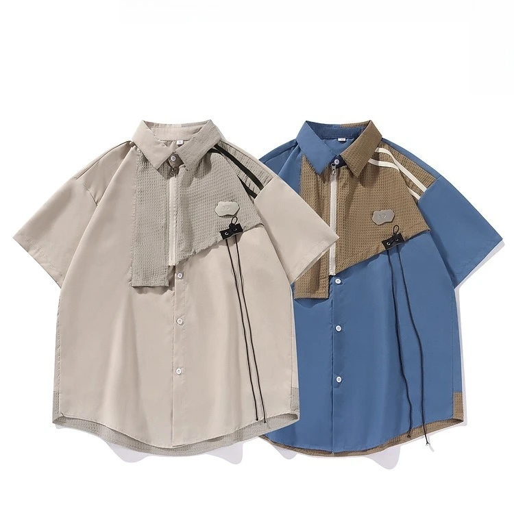 2025 Summer New Patchwork Fake Two-Piece Khaki Short Sleeve Shirt American Design Dark Blue Casual Slim Fit Daily Top