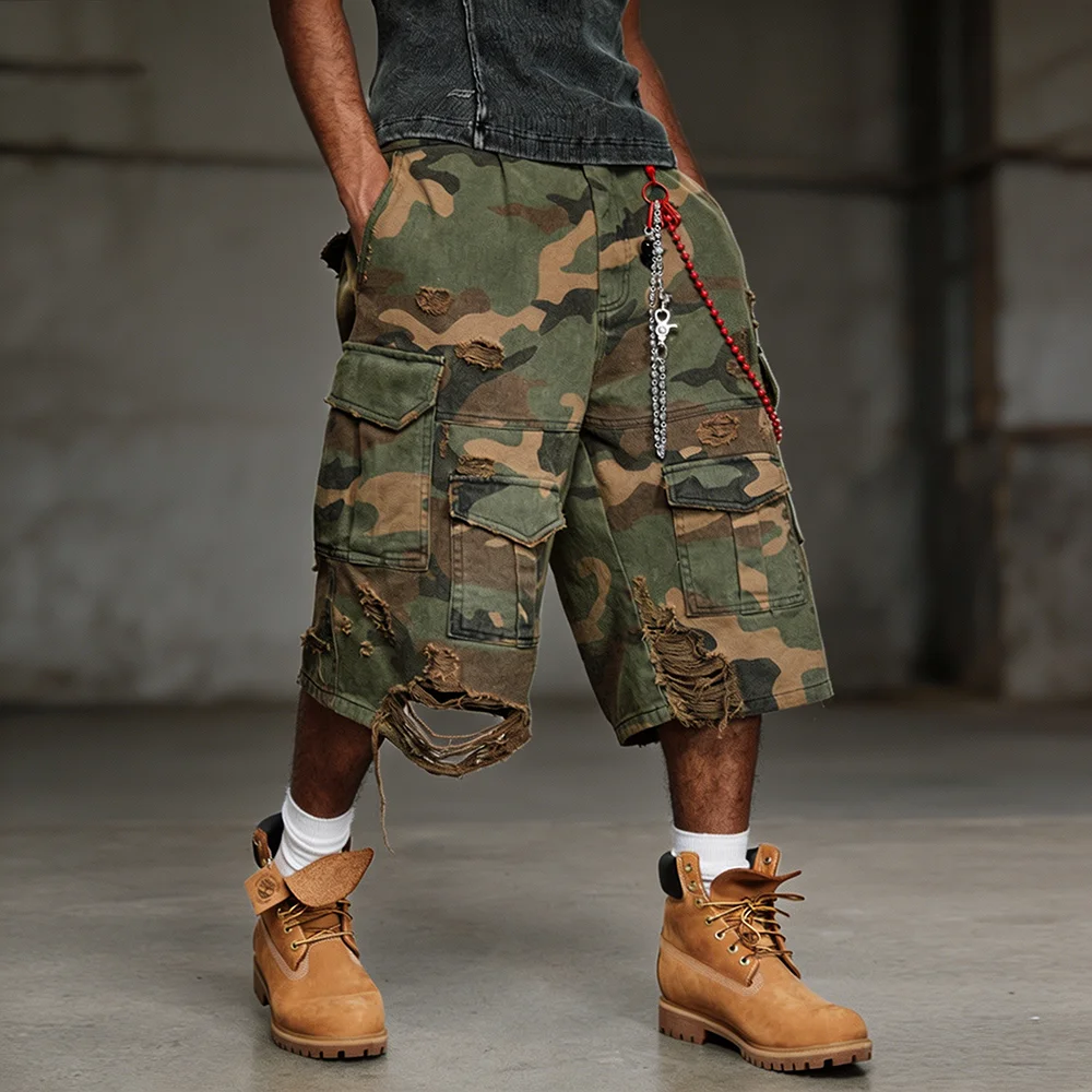 

Camouflage Cropped Pants American Vintage Ripped Overalls Denim Camo Shorts Jeans Baggy Summer Clothes for Man Y2k Streetwear