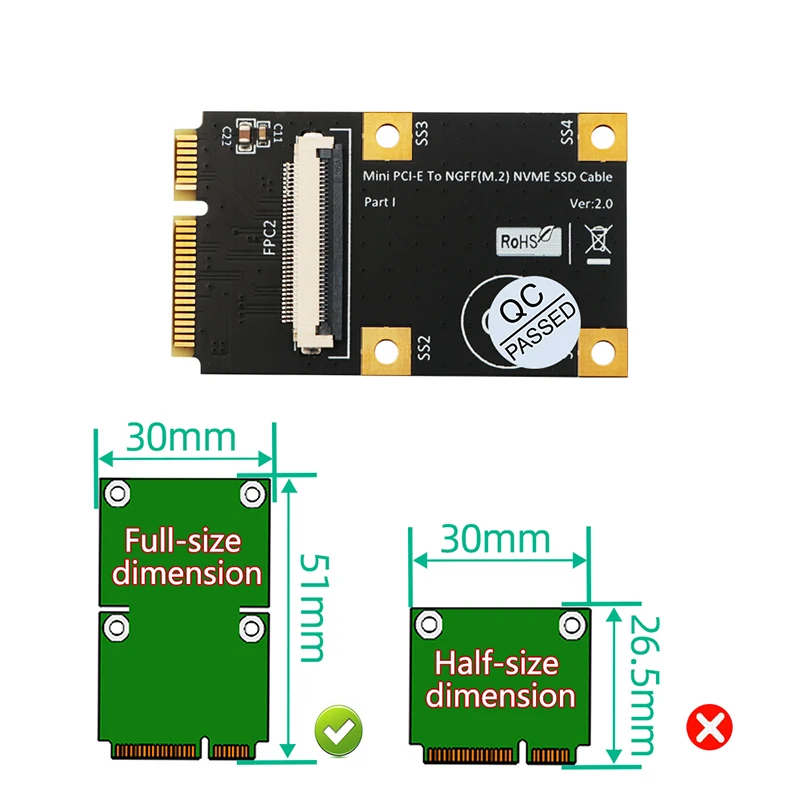 M.2 NVME SSD to Mini PCI-e Adapter Card Riser with FFC Cable for M.2 Key M 2230/2242/2260/2280 NVME SSD Converter Extension Cord