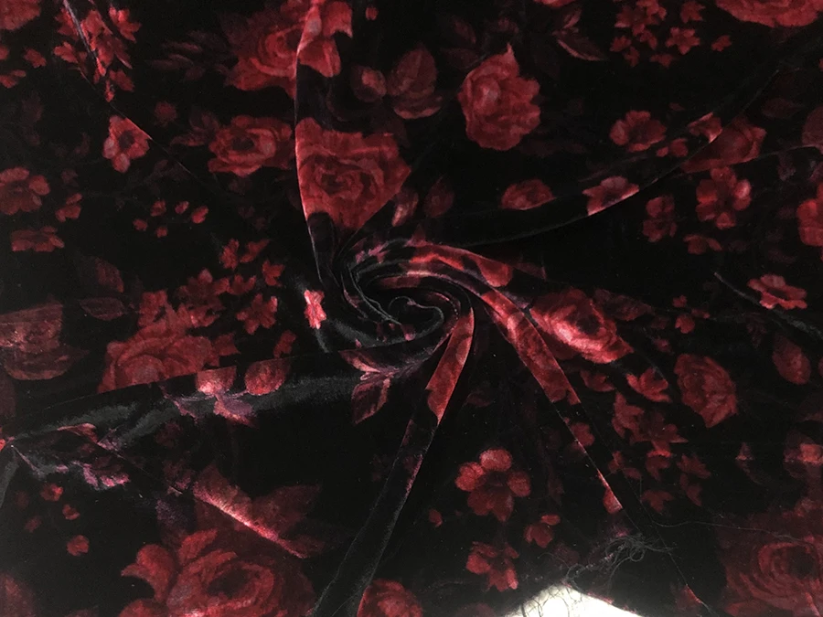 High Quality Real Silk Gold Velvet Fashion Cloth Black Background Full Red Roses Non-Inverted Designer Fabric Cheongsam