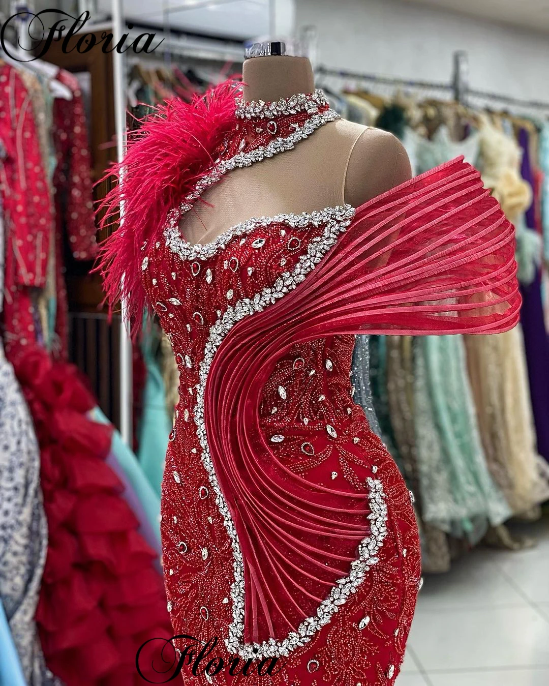 2024 New Special Red Celebrity Dresses Mermaid High Neck Crystals Prom Dresses For Women Vestidos De Noche Opening Ceremony Gown