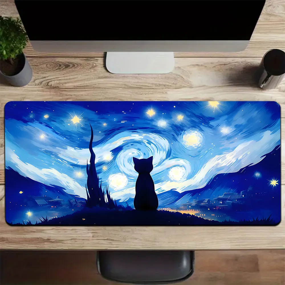 Starry Night Sky with Black Cat Large Gaming Mouse Pad Waterproof Non-slip