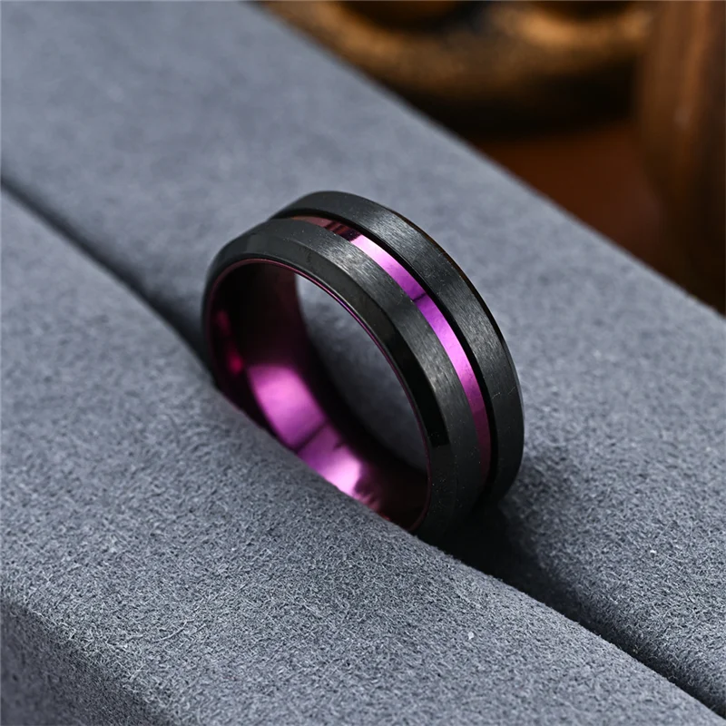 Fashion 8mm Men's Blue Groove Beveled Edge Ring Punk Black Tungsten Wedding Band Rings for Couples Bague Homme
