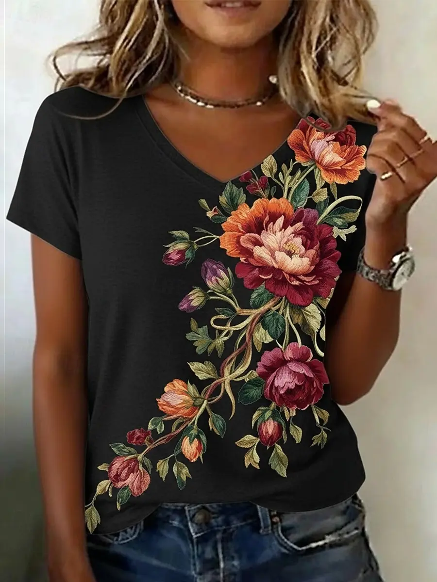 Rustic Peony Floral Print Casual T Shirt V Neck Short Sleeve Tee For Women Summer Holiday And Country Outfits