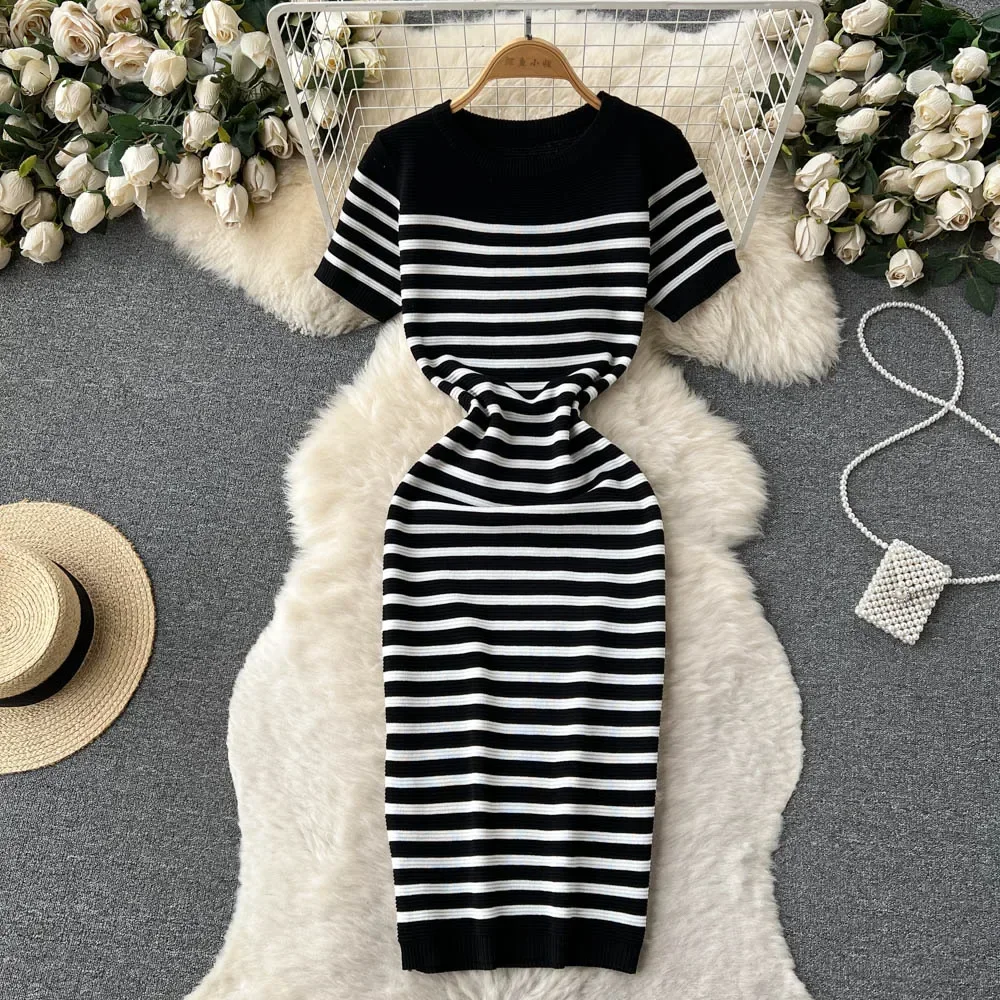 Summer Striped Beach Knitted Dress O Neck Short Sleeves Chic Hotsweet Slim Sundress Streetwear Y2K Bodycon Midi Dress